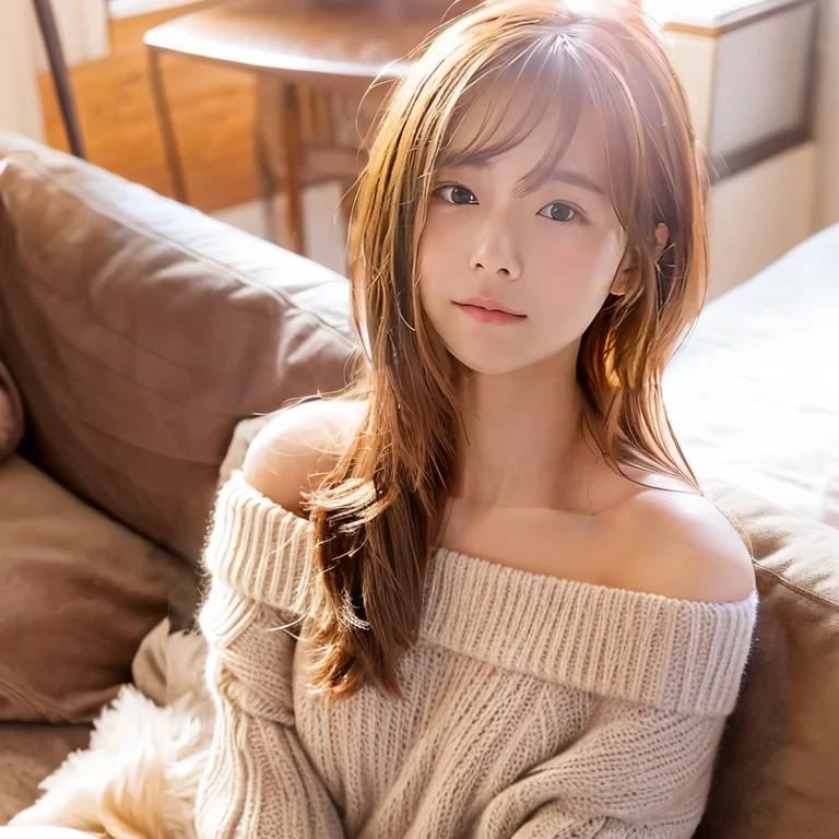 （Wearing a light gray off-shoulder knit）、