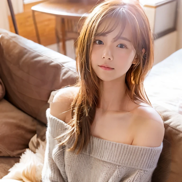 (Wearing a light gray off-shoulder knit)、