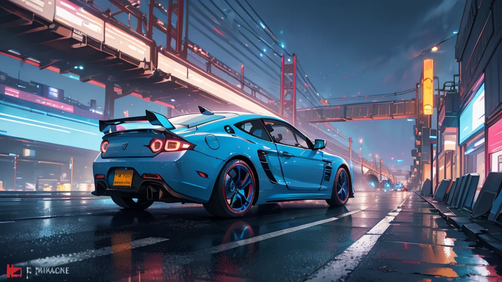 (white sports car, blue headlights, car racing, running, blue smoke), (next to the highway, cyberpunk city, various colors neon), (8k, extremaly detailed, lighting like a movie, lense flares)