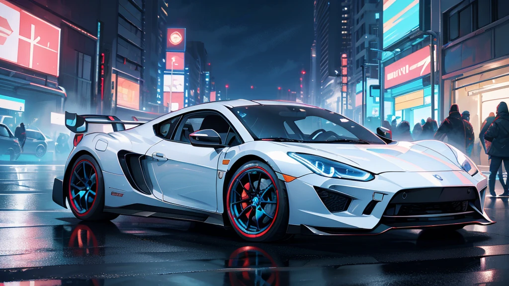 (white sports car, blue headlights, car racing, running, blue smoke), (next to the highway, cyberpunk city, various colors neon), (8k, extremaly detailed, lighting like a movie, lense flares)