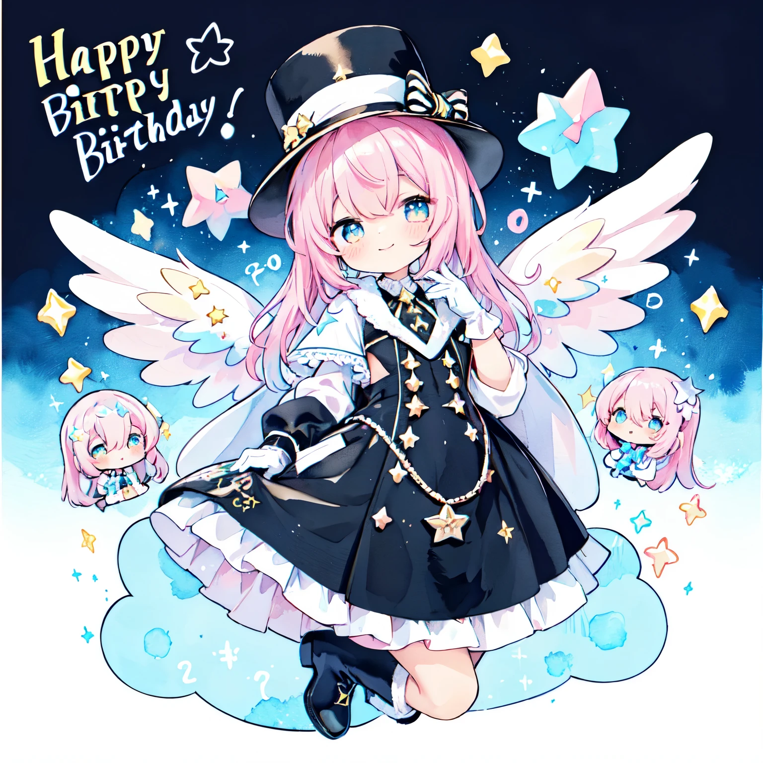 (PastelColors:1.3)、(Cute illustration:1.3)、(watercolor paiting:1.1)、girl holding a sign with a large "325 Happy Birthday!" written on it:1.3.white backgrounid、jumpping、levitation、A smile、Aster Harmony Garden Sprite,Pink longhair、Golden eyes、magician、sorcerer、black and light blue ruffle dress、Blue bow tie、White Long Gloves、Black and white checkered top hat with pocket watch decoration、Star Wand、Black boots、Big white wings on my back、
Moist makeup with pastel eyeshadow,白い背景、
Add glitter and petal accents to the cheeks,