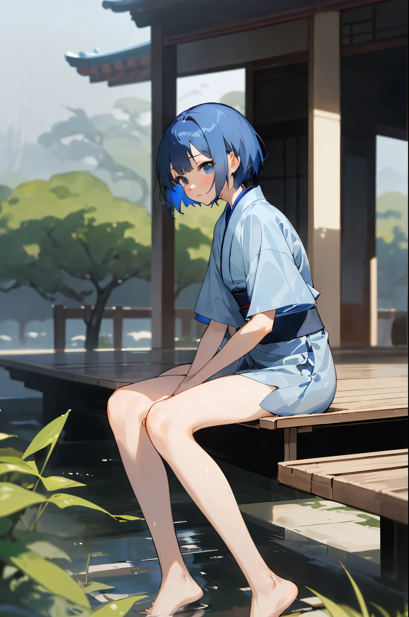 (masterpiece, best quality), 1girls, short hair, blue hair, chinese, grey dress, short, cute, wuxia, shy, poor, barefoot, blue eyes, short sleeves, grey kimono, bare legs, wet, from_side, sitting, upper_body, engawa, looking at the viewer,girl
