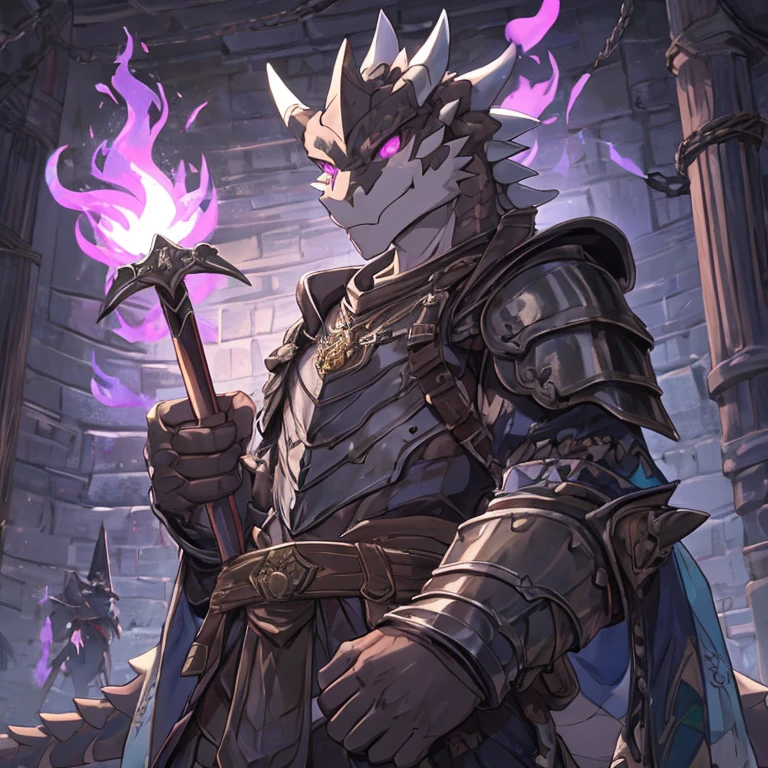 anime style, lizardfolk, ochre coloured skin, glowing purple eyes, glowing purple tattoos, wearing leather armour, holding purple flame sword, dungeon background, sharp focus, vivid colors,