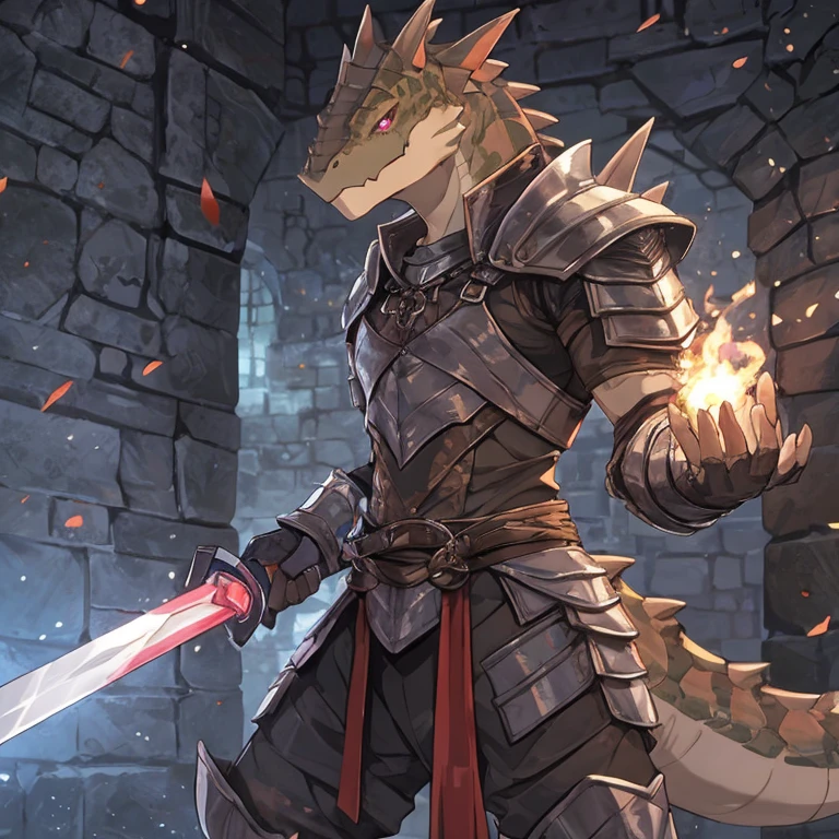 anime style, lizardfolk, ochre coloured skin, glowing purple eyes, glowing purple tattoos, wearing leather armour, holding purple flame sword, dungeon background, sharp focus, vivid colors,