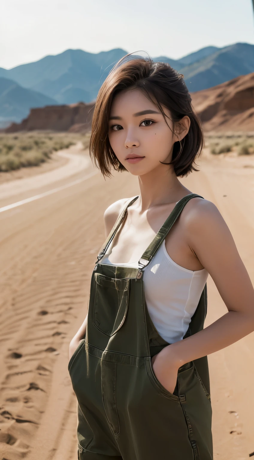 {{NSFW}},((highest quality、In 8K、master piece:1.1))、fisheye lens 、1 woman、japanese woman、Cute 20 year old woman、Cute round face、delicate and beautiful skin、human-like skin、realistic skin feel、複雑な色hair of、complicated hairstyle、gloss々hair of、Tie your hair to the side、、Forehead、two block、Sheared hair、ear length hair、Put out both ears、Looking at the camera、look at camera、raise your chin slightly、double round big eyes、super delicate eyes、super detailed face、high detailed lips、thick lips、Emphasize the face、cool woman、strong woman、Above the chest、Slender body,covered erect nipples,shiny skin,Take a full body photo、feminine toned body、Wild Lady、desert、荒れた荒野に立つWild Lady、military clothing、dirty with dirt or sand、the wind is strong、Hair disheveled by the wind、tanned skin、Wheat-colored healthy skin、Military Shirts、迷彩柄のoveralls、overalls、face is dirty with dirt、The gesture of wiping a dirty face with one&#39;s arm、A woman standing on a road in the wilderness、The body is facing forward、backpacker woman、