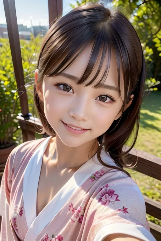 highest quality, realistic, 8K, High resolution, full color, 1 female, 15 years old female, (pupil, light in the eyes), detailed beautiful face,Beautiful skin,Fair skin,looking at the viewer:1.8, (1 female eyes looking at the viewer:1.55), bright kimono, smile, Upper body