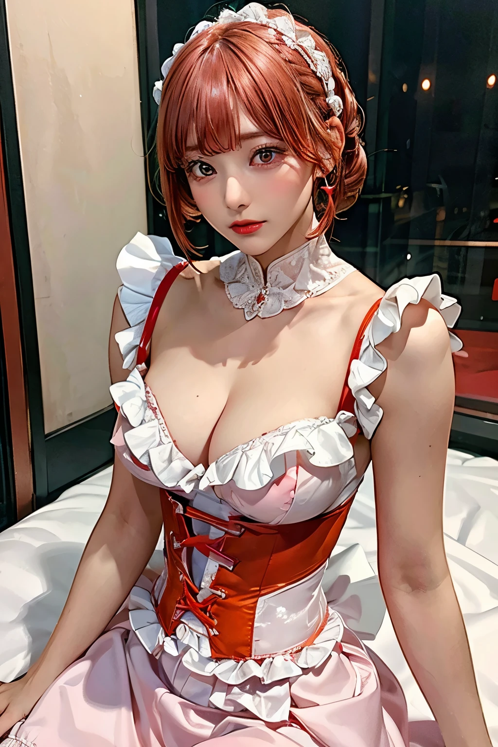 best quality, 32k, RAW photo, incredibly absurdres, extremely detailed, delicate texture, beautiful lady, amorous and lewd expression, wearing cute orange and red corset white frilled long skirt dress., perfect body line, glossy pink short bob and side braided