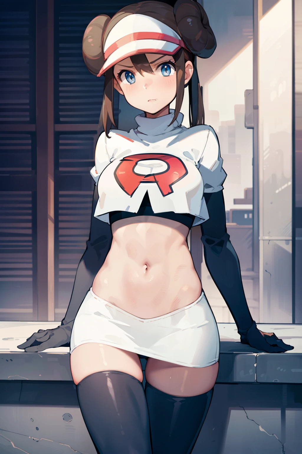 supermodel physique, perfect body, perfect clear skin, ultra quality, masterpiece, high quality, beautiful, sexy face, pretty, slightly toned, fit, supermodel build, sexy waist, sexy hips, perfect legs, thigh gap, facing the camera, rosa(pokemon), 1girl, solo, double bun, hair bun, visor cap, brown hair, blush, team rocket,team rocket uniform, red letter R, white skirt,white crop top,black thigh-highs,black elbow gloves