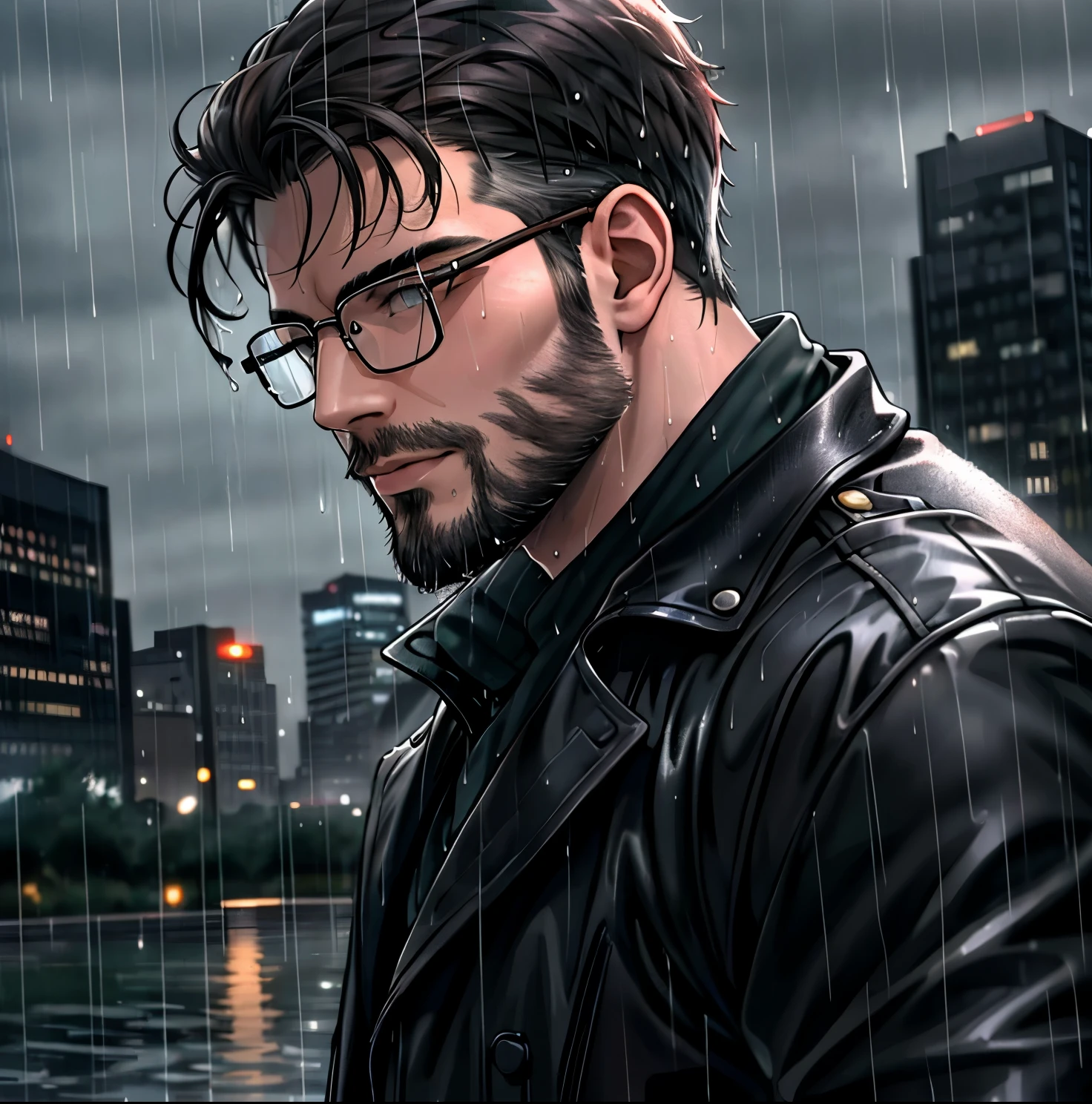 (a man, in the rain, wearing glasses)
(highres,photorealistic:1.2),detailed,bearded man,enjoying the rain,eyes behind glasses,water droplets on glasses,wet hair,relaxed stance,shadows of raindrops,city in the background,dark clouds,muted colors,soft lighting