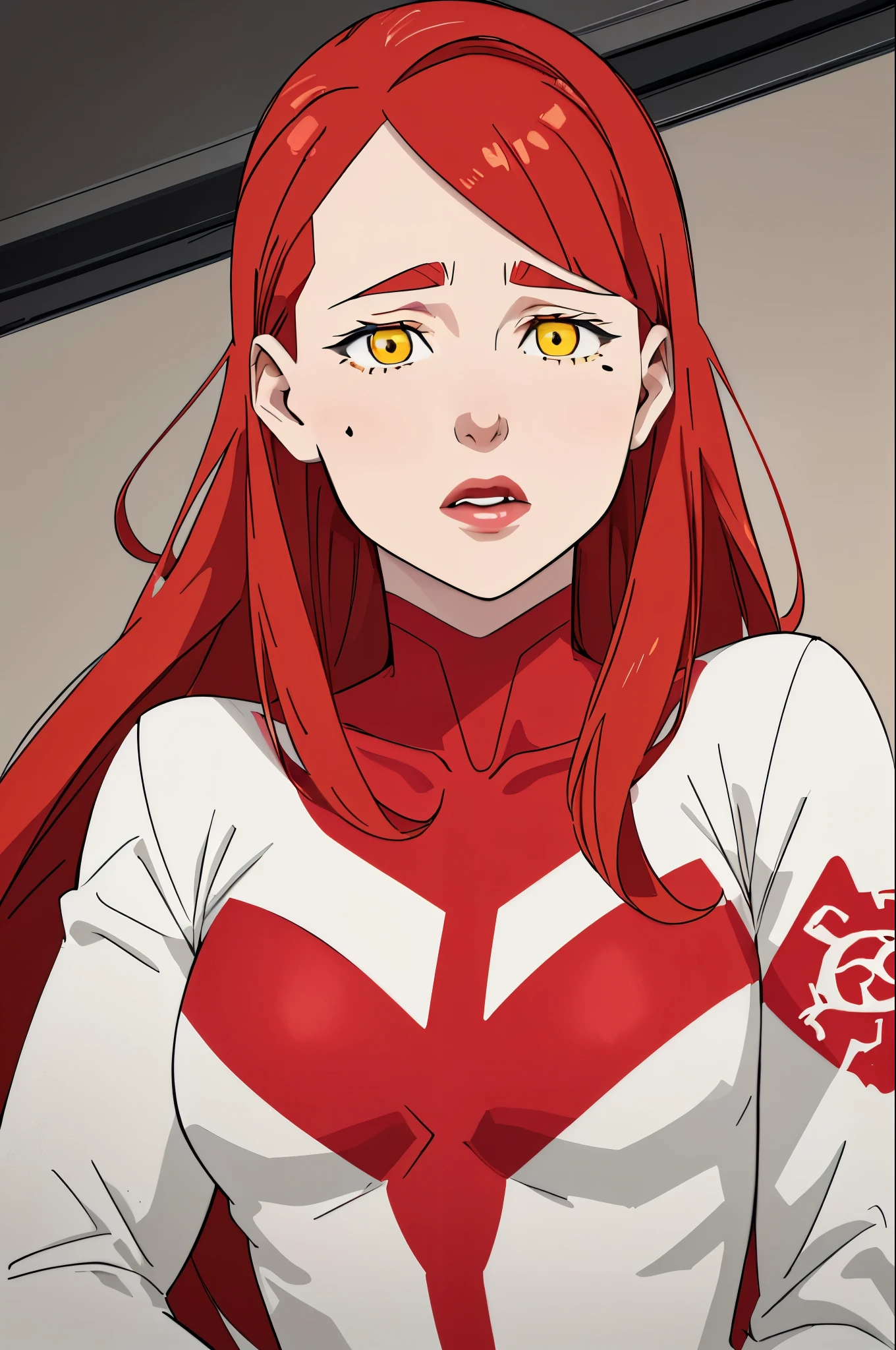 ((Art style invincible,A responsible mature girl with long red hair and moles on her cheeks)),((Yellow eye color,Quality 16k))