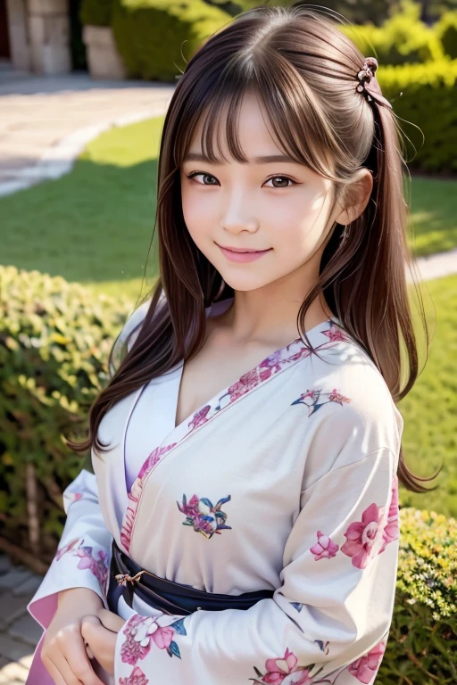 Tabletop, highest quality, figure, Very detailed, In detail, High resolution, 8k wallpaper, Perfect dynamic composition, Beautiful fine details,Medium Hair, Center of chest, Natural color lip, Random sexy poses,smile,Tower apartment,kimono,Flower Hair Ornaments,whole body,smile,