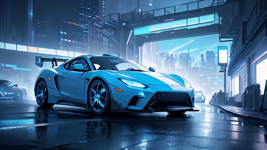 (white sports car, blue headlights, car racing, blue smoke), (blue cyberpunk city, blue neon, starry sky), (8k, extremaly detailed, lighting like a movie, lense flares)