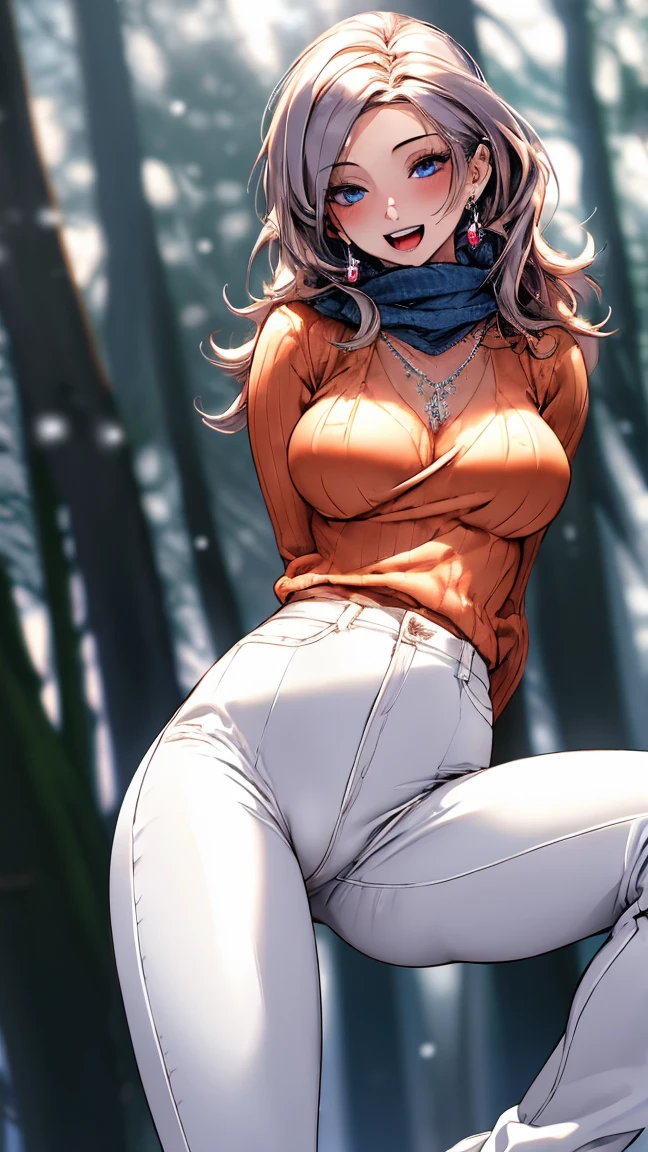 (masterpiece, best quality:1.2), (high resolution, 8K RAW photo, photo realistics, clear focus, thin outline:1.3), (natural lighting, textile shading), snap, pov, ((solo:1.37)), (1 matured woman, 24 years old, raised sexy), ((milf:1.5)), ((nfsw:0.8, fuge breast:1.3, sagging breast, big tits, breast cleavage, harass sexually, in heat:0.2)), ((Bright beautiful eyes with highlight:1.3, fine detailed eyes, high detailed pupils)), beautiful girl wearing winter outfits:1.5, ((cute girl playing around in the falling snow:1.5, dancing, stepping, with fluttering:1.2, turnning, spinning, spreading legs, opening arms widely, fluttering hair)), ((winter outfits, wearing light orange winter coat:1.2, winded winter coat, cable knit sweaters, skinny denim:1.5, knit scarfs around neck, tihg_length long boots1.1)), your body decorated with fallen snow, in the snow, (looking at viewers, with seductitve smiling, half-closing eyes), ((little opening mouth:1.2)), silver based purple meshed hair, medium long hair, hair over one eye, asymmetric hair, side rock, blue eyes, (Luxury detailed accessories, necklace, earrings, Bracelets), bokeh, dynamic angle, close-up face:1.3, full body:1.7, ((from below:1.3)), ((full bodiEsbian, correct anatomy:1.6, perfect anatomy:1.3, ideal ratio of body proportions, correct hand:1.5, small hands)), outdoors, in a snowy forest, snow covered ground, trees decorated with snow, floating snowflakes, 