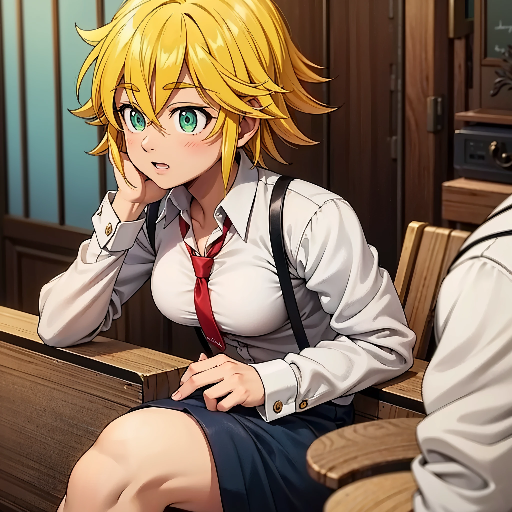 ((meliodas_nanatsu_no_taizai, Female version with medium breasts extreme ultra 4k quality)), wearing a waiter&#39;s outfit and a red tie 