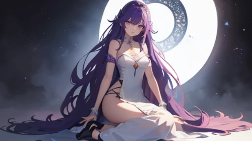 (((masterpiece))), best quality, illustration, 4K wallpaper, cinematic light, Absurdres, protrait of 1girl, long hair, purple crystal hair, glow hair, bloom hair, clothing princess, looking front, kneeling, close up