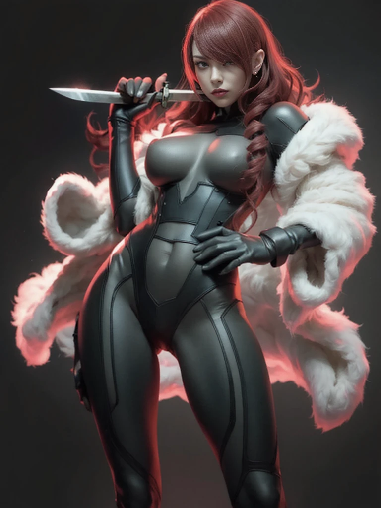 a woman with red lipstick has armor on and is holding a sword, kirijou mitsuru, 1girl, solo, hair over one eye, long hair, (((red hair))), (((red eyes))), weapon, rapier, sword, bodysuit, black bodysuit, grey bodysuit, hand on hip, (((large ))), simple background, white background, (purple theme:1.2)