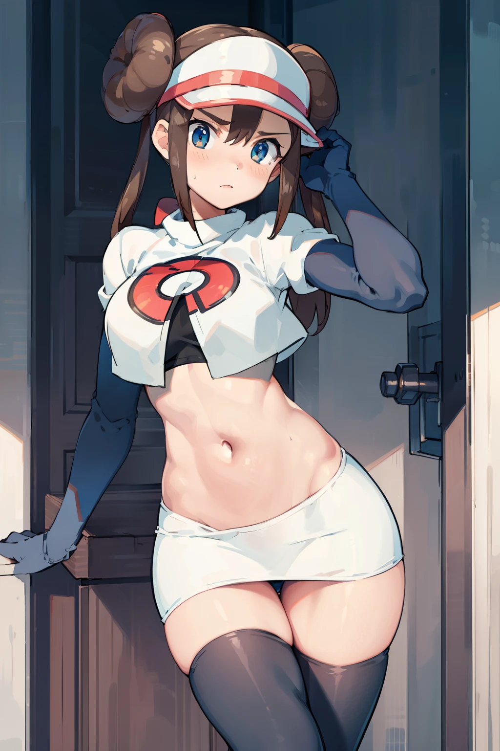 supermodel physique, perfect body, perfect clear skin, ultra quality, masterpiece, high quality, beautiful, sexy face, pretty, slightly toned, fit, supermodel build, sexy waist, sexy hips, perfect legs, thigh gap, facing the camera, rosa(pokemon), 1girl, solo, double bun, hair bun, visor cap, brown hair, blush, team rocket,team rocket uniform, red letter R, white skirt,white crop top,black thigh-highs,black elbow gloves