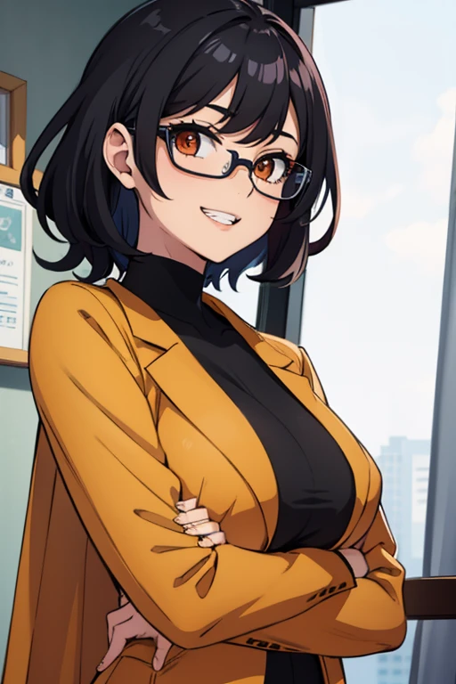 Female scientist, black hair, semi-curly hair, medium hair, redish orange coat, glasses, orange eyes, short, medium sized breast, grin,