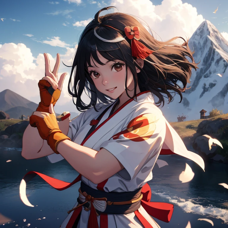 masterpiece, 4K,8K,highest quality,1 girl, red bow, bow, long hair, hair bow, Ainu attire, alone, hair band, bird, black hair, fingerless gloves, short sleeve, gloves, sash,, bangs, red hair band, arms, brown eyes, white ,Wearing an aura,fog, kimono, Nakoruru, light smile, art, good composition, fighting stance pose, detailed , Bokeh, Clouds and mountains background, warrior, Onmyoji style, High resolution, Dramatic lighting and shadows, solar flare,
