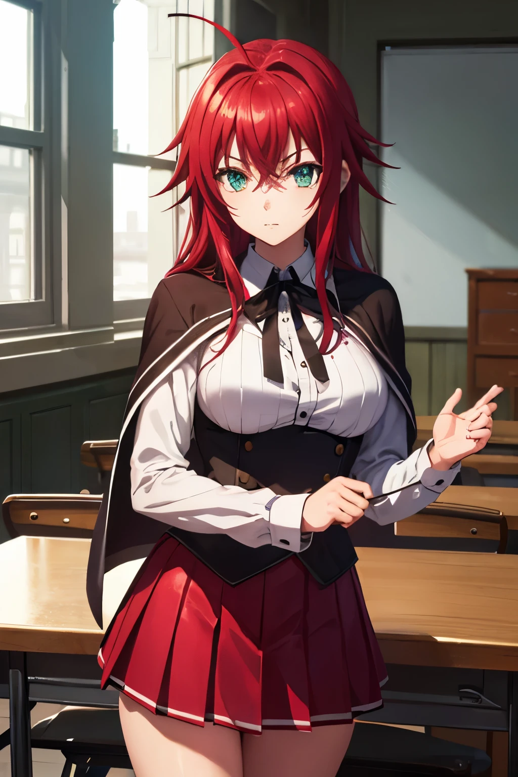 riasgremory, rias gremory, huge ahoge, long hair, hair between eyes, (green eyes:1.3), red hair, BREAK shirt, ribbon, school uniform, white shirt, black ribbon, neck ribbon, capelet, black capelet, long sleeves, skirt, red skirt, BREAK indoors, classroom, BREAK looking at viewer, (cowboy shot:1.5), BREAK (masterpiece:1.2), best quality, high resolution, unity 8k wallpaper, (illustration:0.8), (beautiful detailed eyes:1.6), extremely detailed face, perfect lighting, extremely detailed CG, (perfect hands, perfect anatomy),