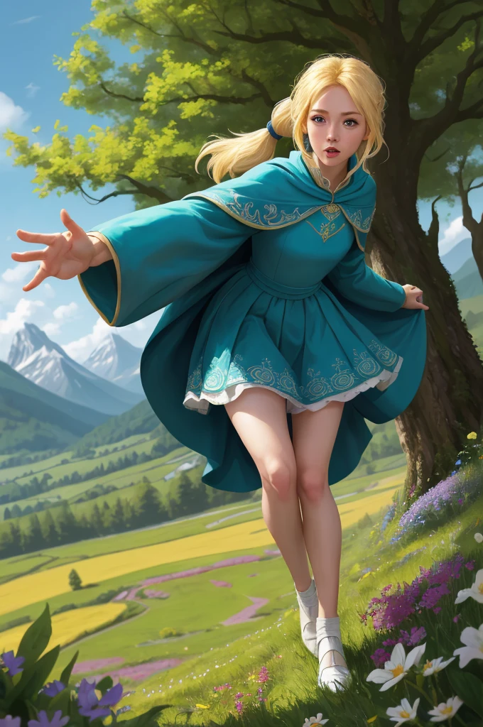 zrpgstyle, AS-YoungerV2 DollieNobodySD15 medieval  princess teal dress, elaborate, ornate, adventurer cape, (blonde hair, top pony tail:1.1), standing in a tall field of flowers, tree canopy overhead (alpine mountains:1.1), clear sky, (masterpiece:1.3) (best quality) (detailed) (8k) (HDR) (cinematic lighting) (sharp focus) (intricate) (intense action scene, dutch angle, foreshortening, motion blur, blurred foreground:1.3)