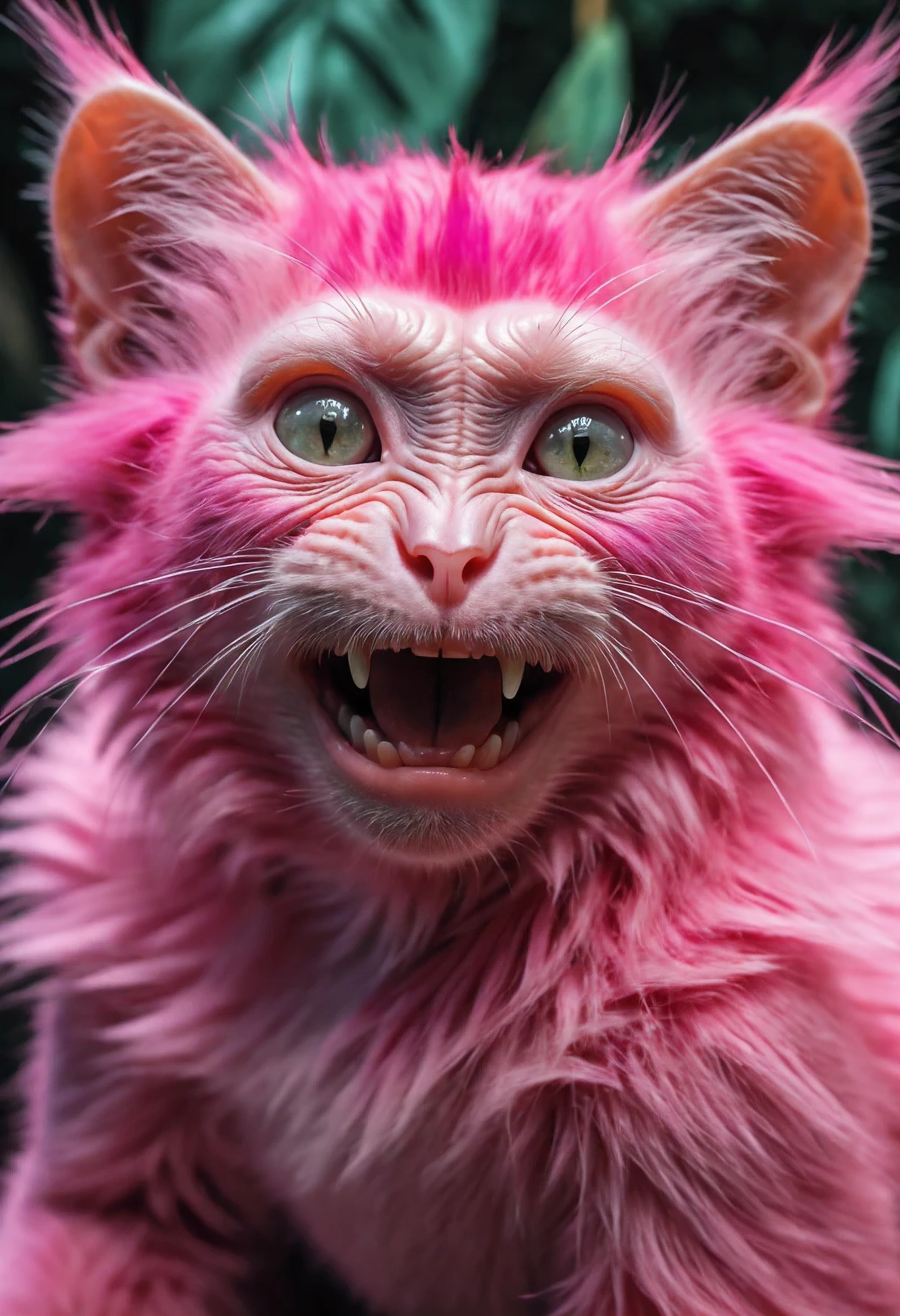 (hybrid:1.10) (monkey:0.95) (cat:1.05), (merge:1.1), pink, inside candy-jungle, surreal happy photographic, realism pushed to extreme, fine texture, incredibly lifelike, cinematic, large format camera, photo realism, DSLR, 8k uhd, hdr, ultra-detailed, high quality, high saturation