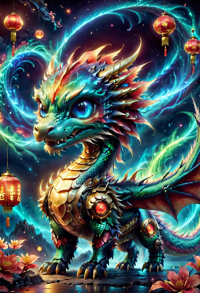 (best quality, 8k, high resolution, masterpiece:1.2), (Super detailed), (Future Machinery China Golden Dragon:1.6), (whole body:1.6), (The background is Chinese New Year,moon,Sky,Spring Festival,fireworks,lantern:1.5),dreamy light,glowing neon light,High-tech mechanical parts, Metal paws, Metal faucet and spout, Metal scales, Very cool, (Metal tail:1.5), Bionic eye, (详细的Dragon body鳞片设计), ((Dragon body,dragon claw,dragon tail)), suspended in mid-air, (gold and bright red:1.5), Vivid glowing eyes, Reflective metal surface, Interlocking mechanical gears, Dynamic and stylish design, motion blur effect, Meticulous craftsmanship, Sci-fi atmosphere, Streamlined aerodynamic shape, Laser scanning pattern, Holographic projection, Light-emitting circuit lines, unforgettably beautiful, otherworldly precision, Advanced sensors, complex algorithm, Ominous and mysterious atmosphere, electric sparks, Shiny chrome plating, Future advancement system,(Vision:1.6),concept art, fantasy theme,Volumetric lighting, global illumination, reflection, ultra high definition,The light is bright,RGB color,Vibrant colors, Azure_Dragon