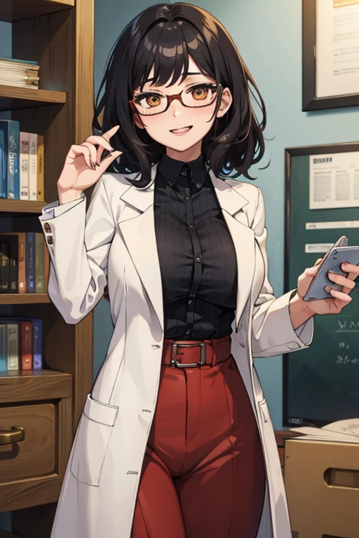 Female scientist, black hair, semi-curly hair, medium hair, redish orange coat, glasses, orange eyes, short, medium sized breast, grin, tounge out, 