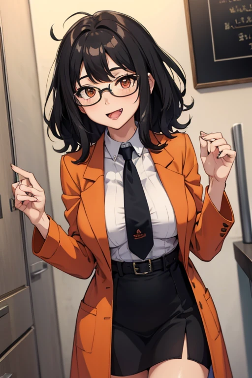 Female scientist, black hair, semi-curly hair, medium hair, redish orange coat, glasses, orange eyes, short, medium sized breast, grin, tounge out, 