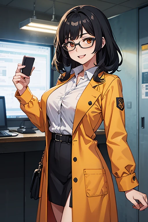 Female scientist, black hair, semi-curly hair, medium hair, redish orange coat, glasses, orange eyes, short, medium sized breast, grin, tounge out,