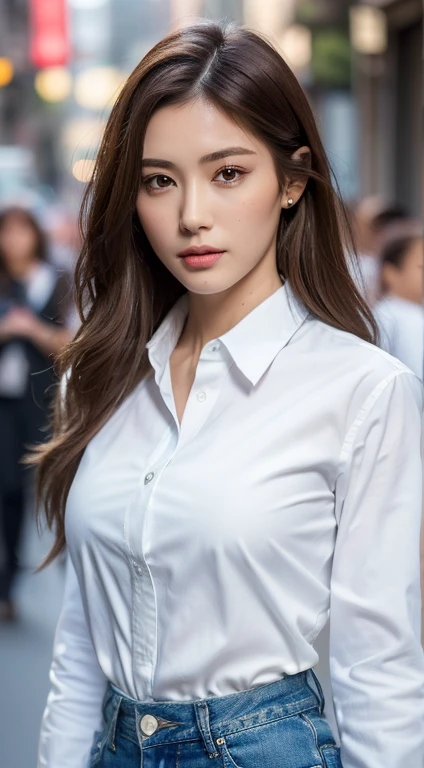 ((better quality, 8K, masterpiece :1.3)), sharp focus :1.2, beautiful woman with perfect figure :1.4, slender abs :1.2, ((dark brown hair)), (Wearing a white button-down shirt, Jean :1.1), city street:1.2, Highly detailed texture of face and skin, fine eyes, double eyelid m, 