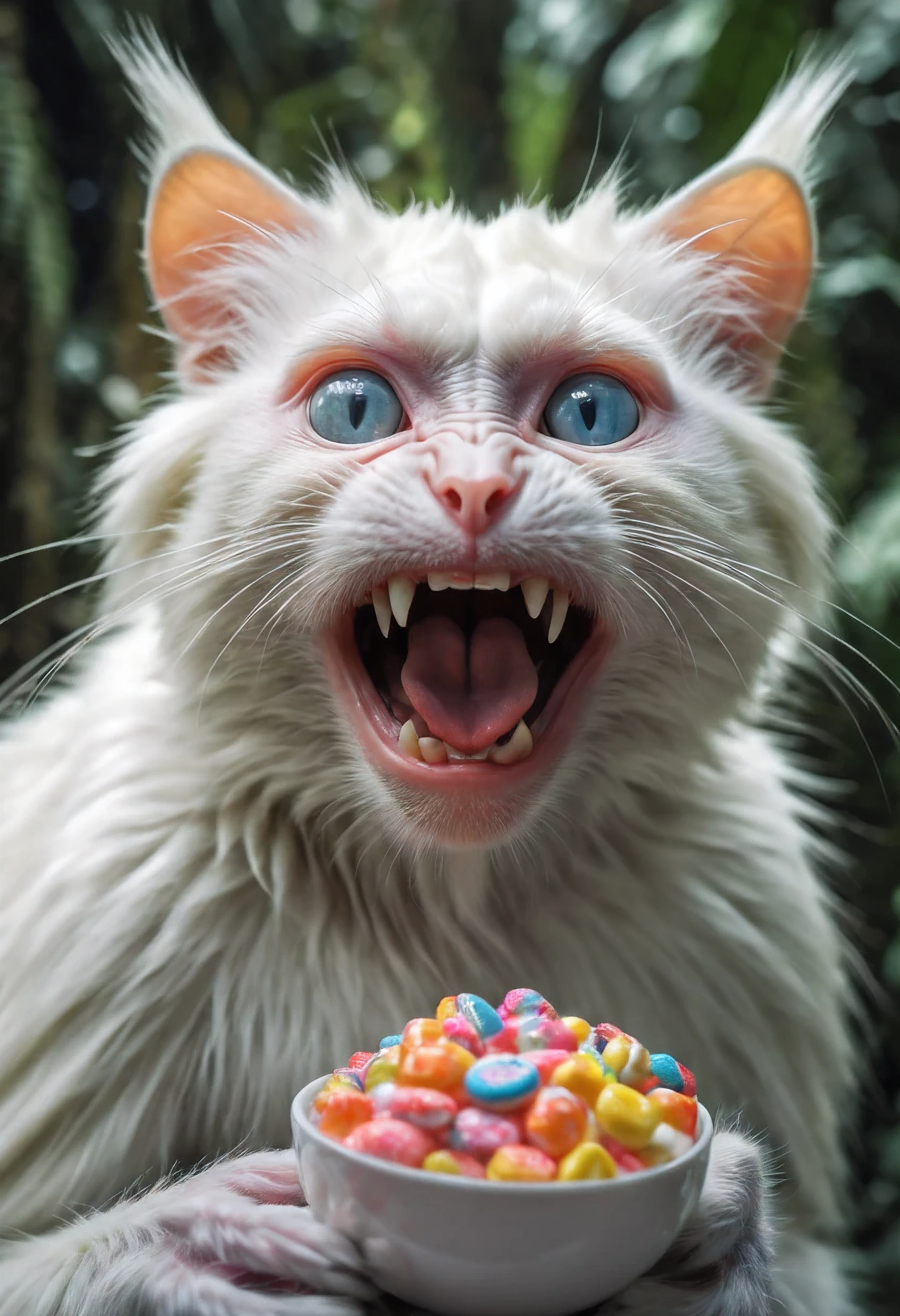 (hybrid:1.10) (monkey:0.95) (cat:1.05), (merge:1.1), white, inside candy-jungle, surreal happy photographic, realism pushed to extreme, fine texture, incredibly lifelike, cinematic, large format camera, photo realism, DSLR, 8k uhd, hdr, ultra-detailed, high quality, high saturation