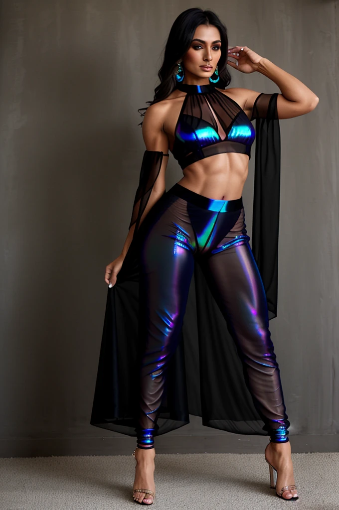 translucent little black dress, (iridescent pants, sheer pants, iridescent sheer pants), indian ifbb