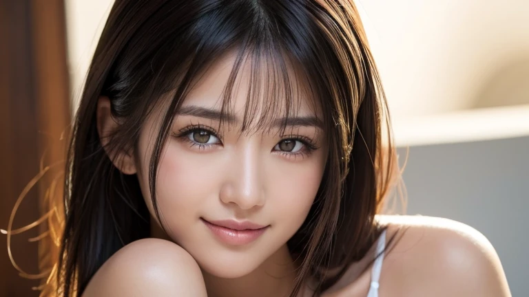 Mujer japonesa hermosa, ojos brillosos, mirada enamorada, mejillas sonrojadas, sonriente,