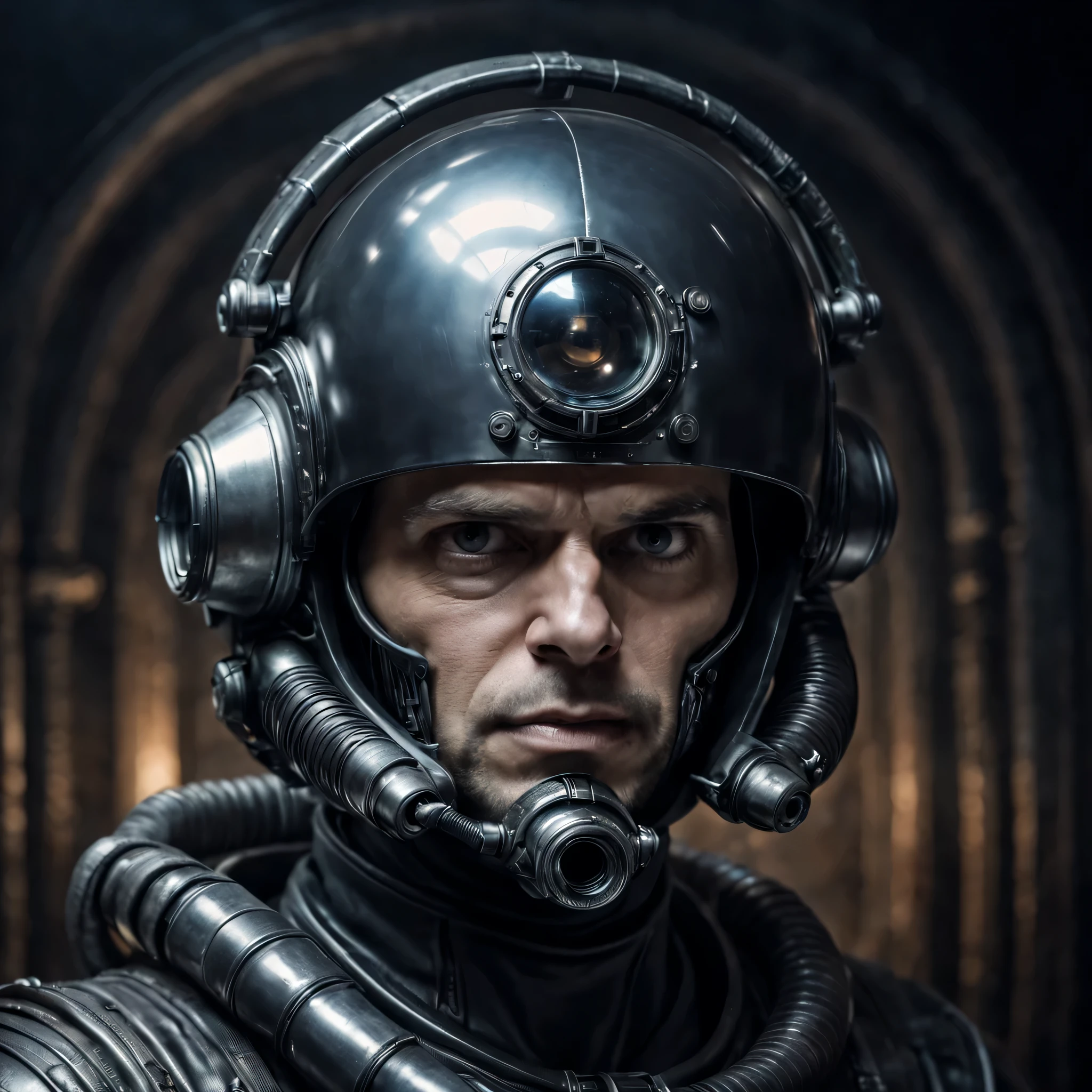 head portrait, astronaut in a Giger-style helmet, stern face of a 35-year-old man, look from under the eyebrows, hand with a fantastic blaster in his face, blaster barrel raised