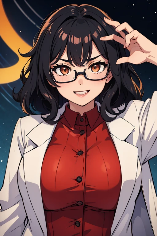 Female scientist, black hair, curly hair, medium hair, reddish orange coat, glasses, orange eyes, short, medium sized breast, grin, tounge out, teasingm