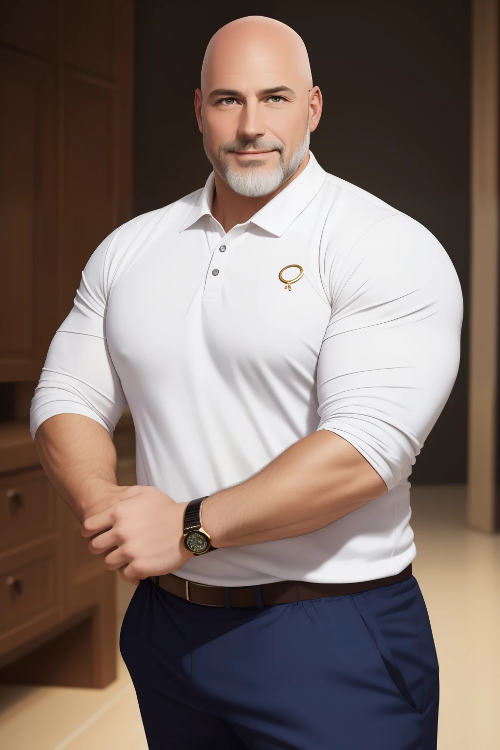 A captivating and ultra-realistic full-body portrait of a white man in his 40s, boasting a fair-skinned complexion and a bald head shaved to perfection, framed by an oval-shaped head and round curves accented at the cheeks and nose. His slightly graying beard adds character to his features, while a gold watch adorns his right arm. Dressed in a snug polo shirt and sports pants, he exudes an aura of confidence. CompleTING THIS LOOK, white luxury sneakers hug his feet. His expression is radiant, revealing a big, wide smile that proudly shows off his pearly white teeth.

This portrait is expert