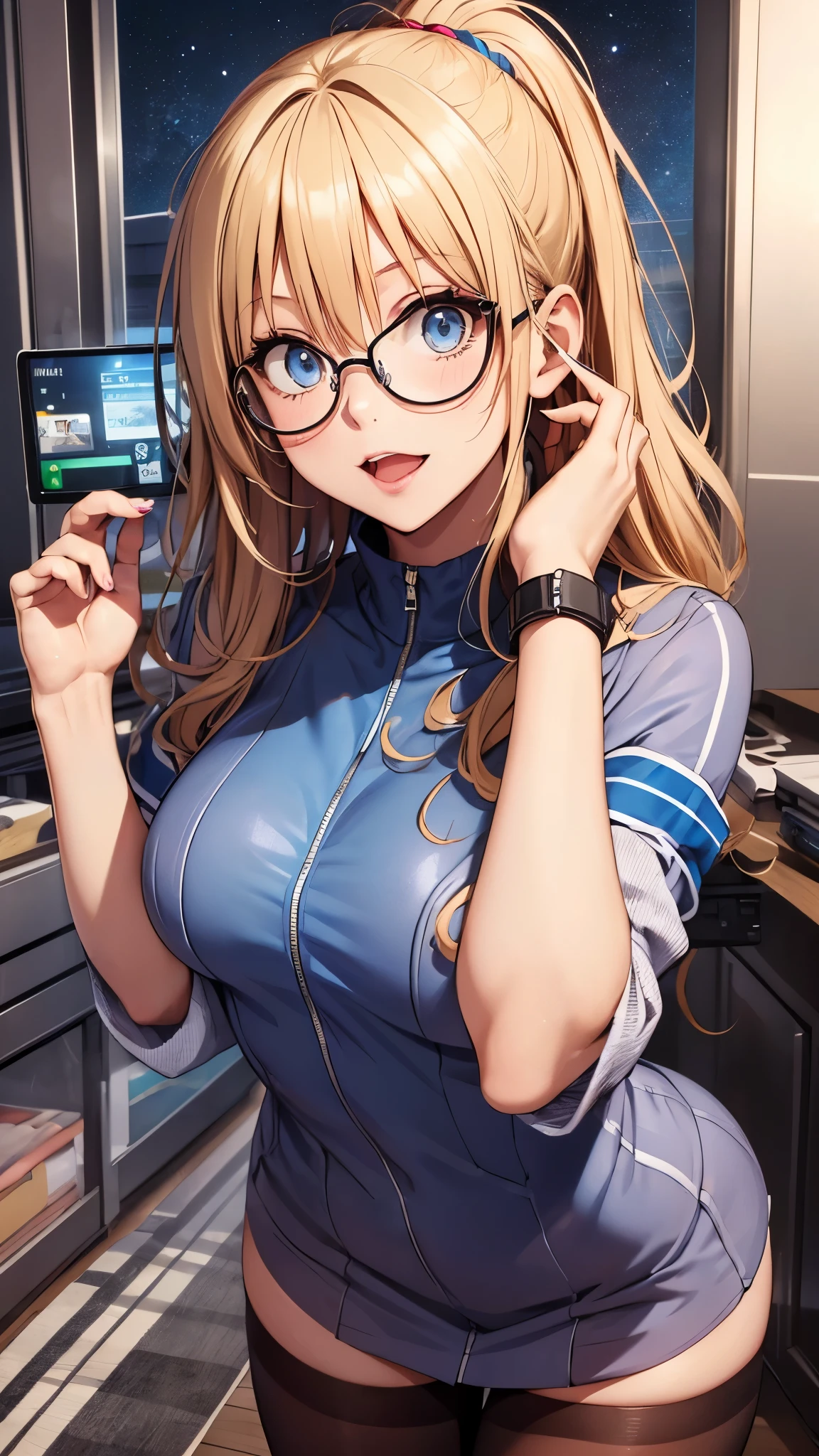 woman,14 years old,,city,night,(((white and blue tight miniskirt bodysuit))),,open mouth smile((See-through))(((glasses))),((beautiful long ponytail)),(()),blush、surprised face,((())),((blonde))(((On the way to changing clothes)))(((While taking off my clothes)))