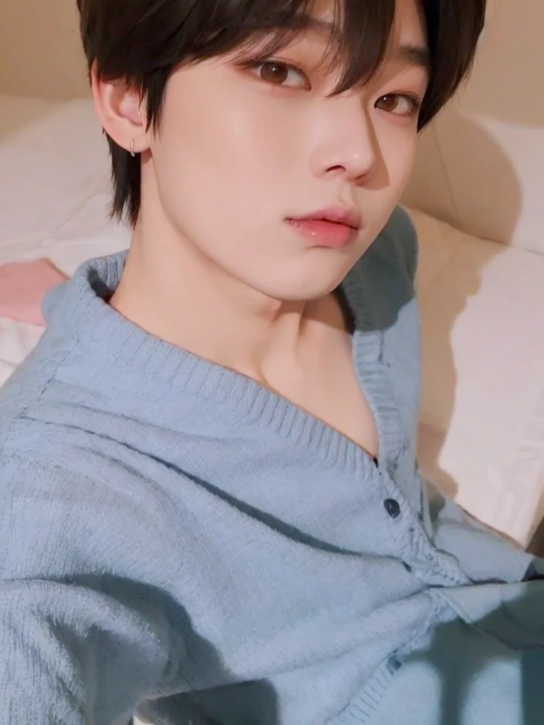 selfie of a cute asian korean young adult boy, I fleshy lips, ambar eyes, olhos puxados, cabelo pre to liso, kim sunoo, sunoo do enhypen, sunooo, sueter azul