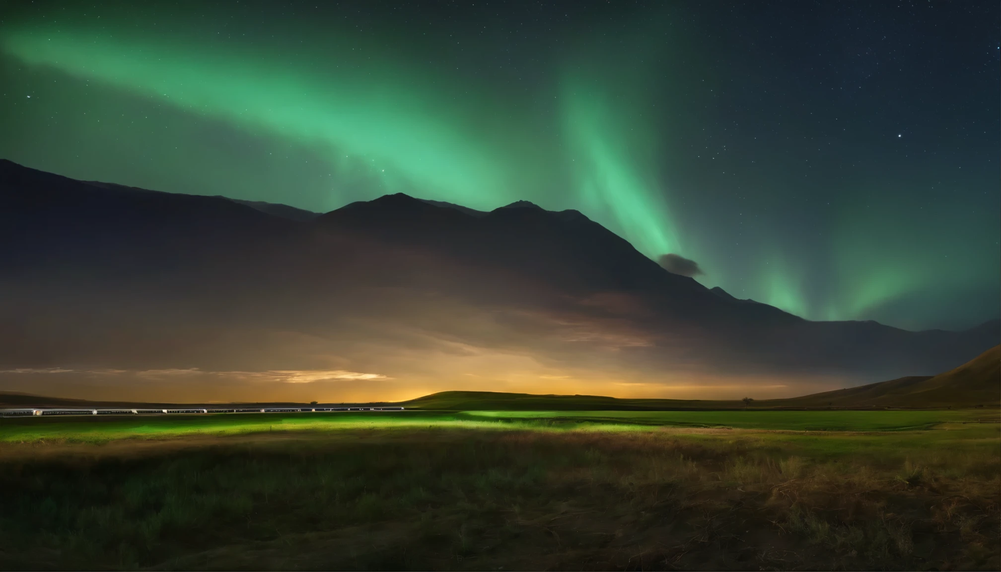 The high-speed rail passes through,China's high-speed rail in the distance,超精细grassland,ue5 rendering light,nebula,plateau,aurora,北aurora,low vanishing point,Low angle viewing angle,look up to,{{{masterpiece}}}、{{best quality、A super detailed illustration、beautiful shrub}}、{very delicate light}、{nature、}、{{Delicate starry sky、more transparent clouds、high quality clouds、优质的grassland、very fine 8KCG wallpaper}}、(plateau场景)、sunrise、randomly distributed clouds、(grassland)、青藏plateau、(sunny)、((shimmer)),glowing particles,Low angle viewing angle,Low angle viewing angle,low vanishing point,
