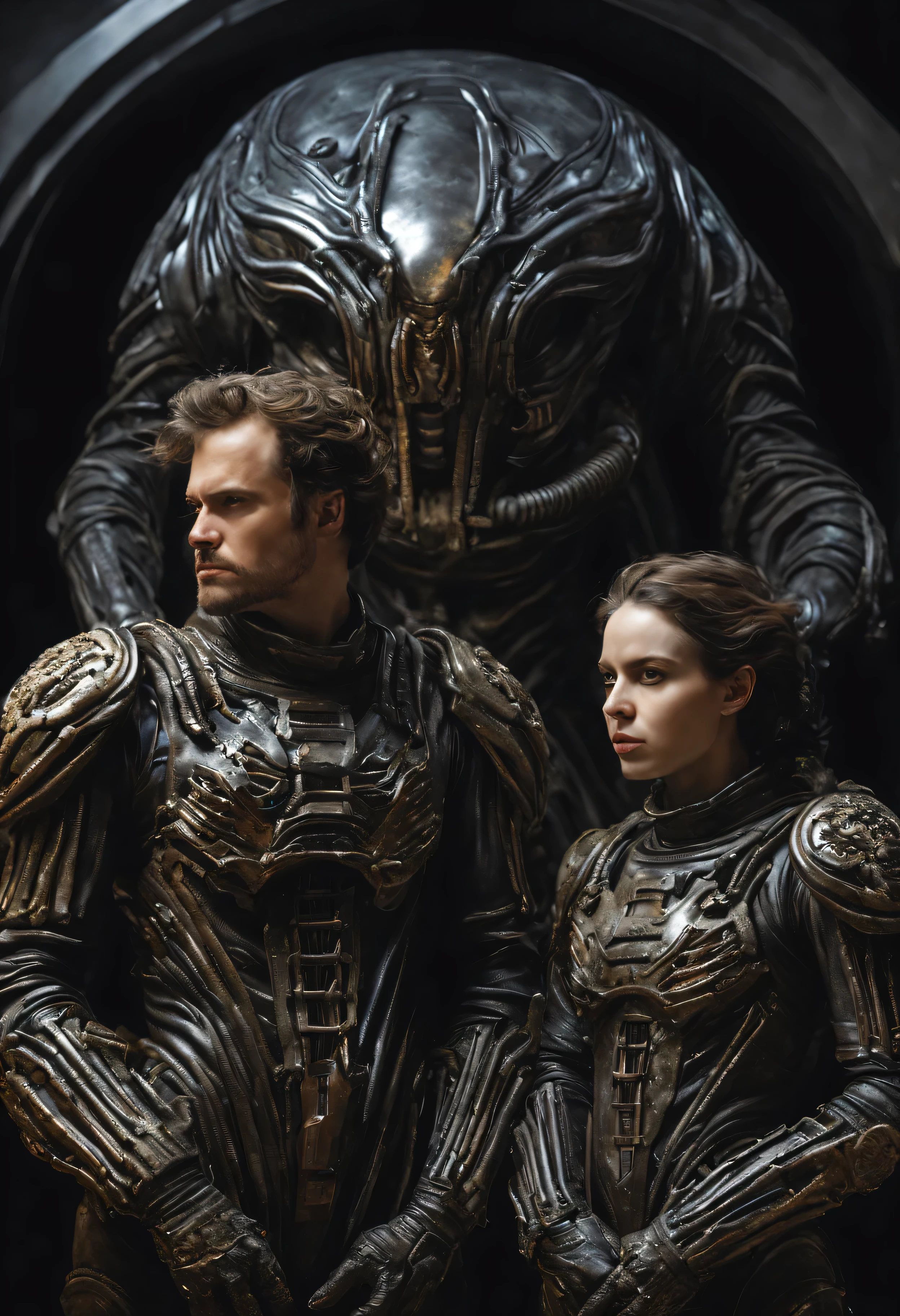 2 aristocratic astronauts ((Male and female)) in asymmetrical xenomorphic biosuits, look with arrogance, pathos in faces and poses, arrogance, look with arrogance, concentrated faces, blasters in hands, night, Moonlight, intense shadows, dark epic, tense postures, Art in the style of Hans Giger, masterpiece, hyperrealistic oil painting, intense glare, dark shadows, hyperrealistic, masterpiece, 8K,