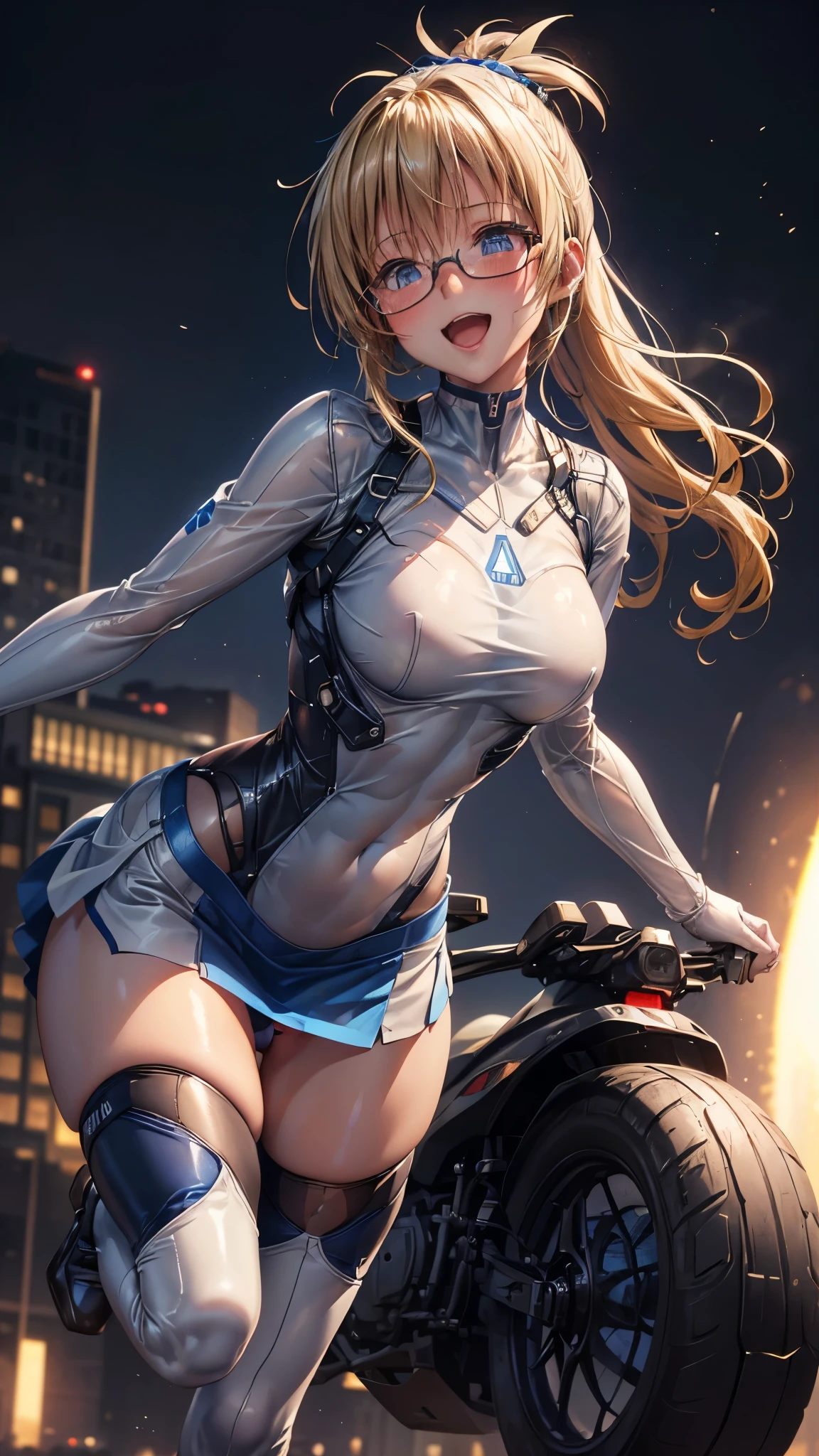 woman,25 years old,,city,night,(((white and blue tight miniskirt bodysuit))),,open mouth smile((See-through))glasses,((beautiful long ponytail)),(()),blush、surprised face,((())),((blonde))(((On the way to changing clothes)))(((While taking off my clothes)))