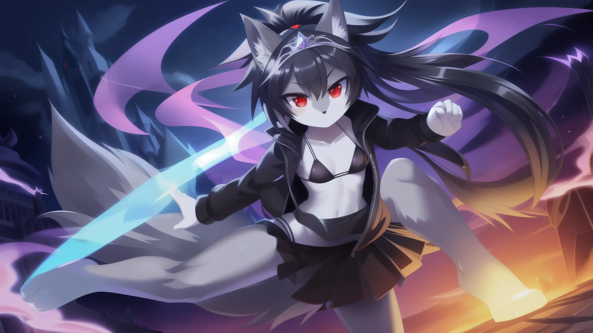 furry girl, wolf, black hair, punk hairstyle, long spiky ponytail, anime style, small breasts, red eyes, ((black hoodie jacket, open clothes, black bikini, black skirt, princess tiara)), magic castle, night sky, stars on sky, big Moon, high quality, detailed body, detailed eyes, detailed face, masterpiece, glistening body, detailed body fur, best quality, two tone body, gray fur, clear gray fur, perfect lighting, perfect shadows, perfect eyes, perfect hair, perfect face, gorgeous body, :3, full body, feets whit three toes, magic aura, purple magic, action pose, dynamic angle, magic spell on palm hands, magic particles, 