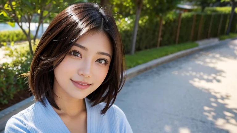 Mujer japonesa hermosa, con alas, cabello corto, rubio, sonriente, ojos brillosos, mirada enamorada, mejillas sonrojadas