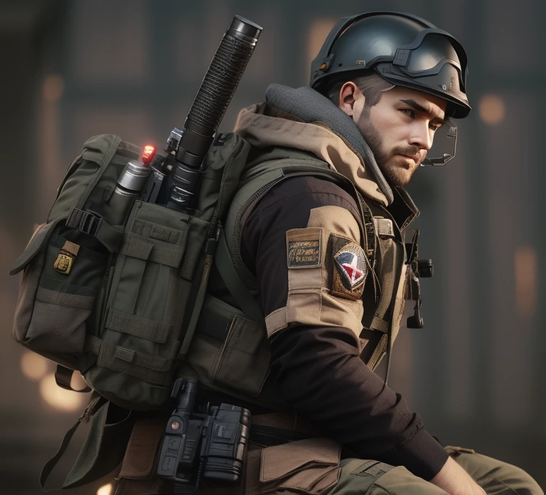 un primer plano de un hombre con una pistola y una mochila, Arte conceptual como Ernest Khalimov, Experto en arte conceptual de alto detalle, helghast, estilo craig mullins, arte de personajes la contra, con un traje de mercenario del espacio oscuro, renderizado de videojuegos, sci-fi soldier, Super realistic sandy, En Game Capture 3D Render, arte de personajes de motor irreal, soldado ciberpunk