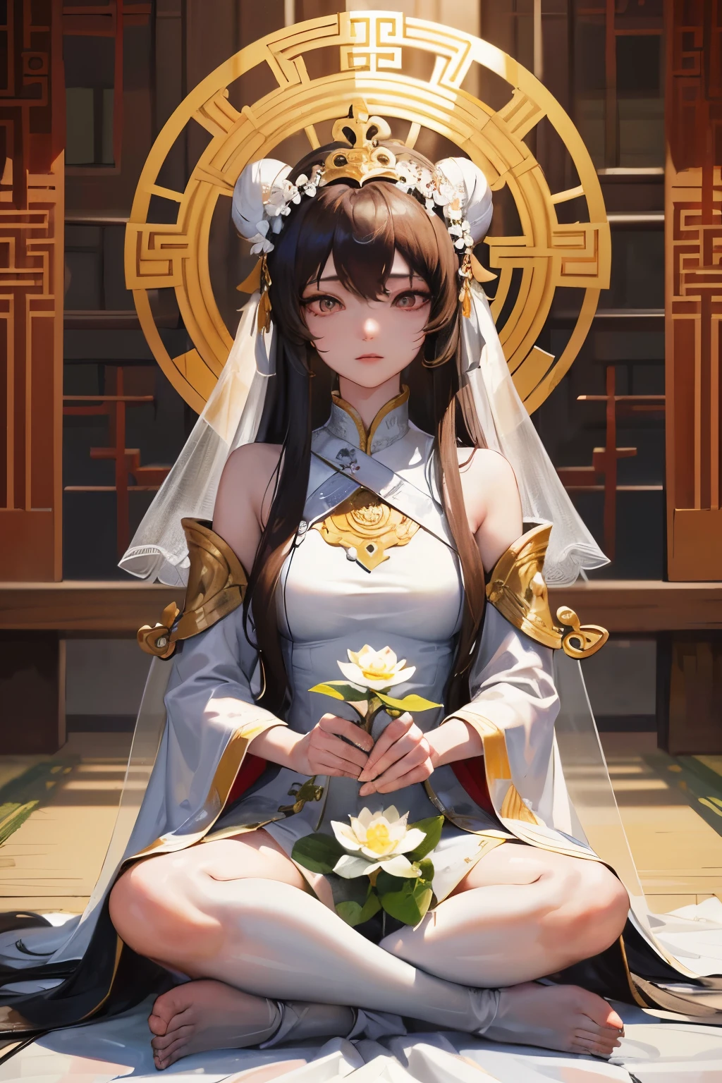 A serene Guanyin Bodhisattva, sitting cross-legged under a canopy of white lotus flowers, dresses in a pristine white robe with matching legwear, white ribbons adorning her bun and veil. Her face is pale and tranquil, long dark hair cascading around her shoulders, black pupils reflecting profound wisdom. Her gaze is infinitely merciful as she meditates, listening to the faithful in the ancient Chinese temple with golden pupils. Surrounding her are countless Pudu sentient beings, each seeking solace from their suffering.

The scene is set in a solemn, minimalist style, with nothing to distract