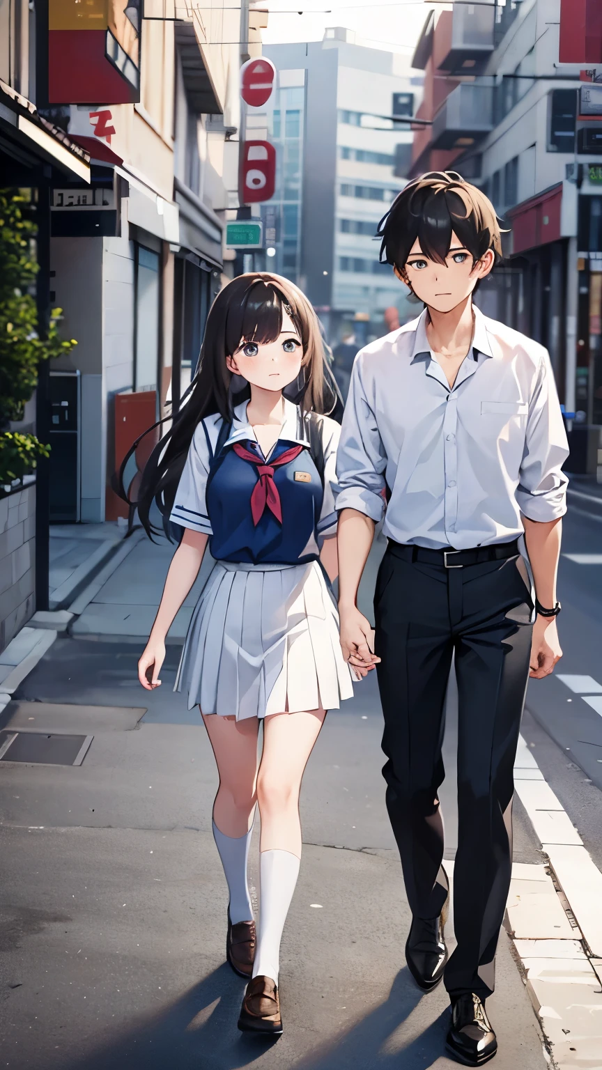 A male and female student couple、Wearing school uniforms and walking side by side through the city