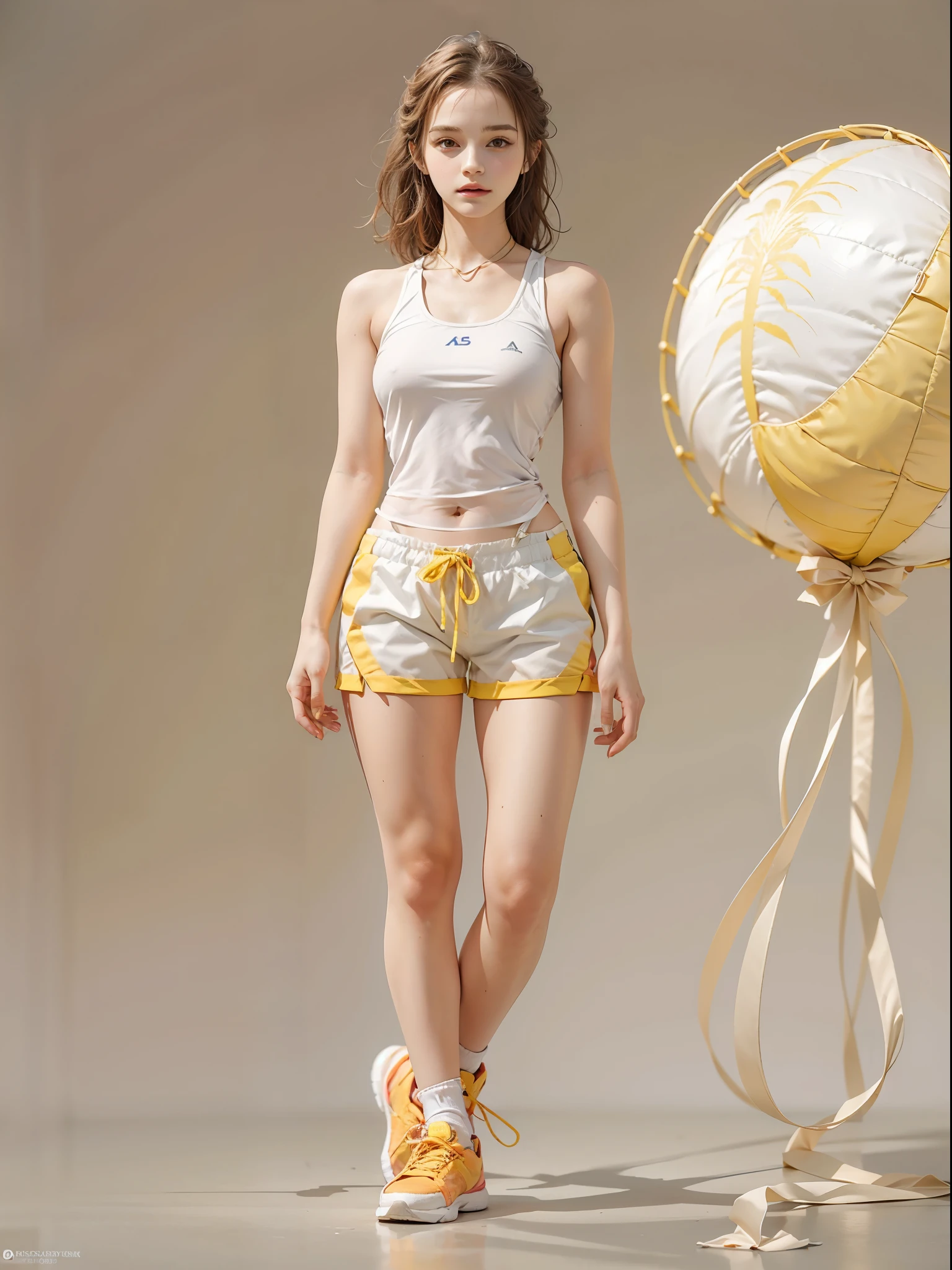 masterpiece, best quality, realistic, colorful, delicate, sharp focus, (PureErosFace_V1:0.5), (detailed beautiful delicate face, high detailed skin, skiny and thin:1.3), 1girl, 19 years old, tall, (smooth_abs:1.55), (abs:0.5), pretty, masterpiece, (long_skinny_legs), (straight_legs), (skinny_waist), (((fair skin))), white skin, bandeau, (school_uniform:swim_suits:0.5), yellow/pink shorts, chestnut brown hair, looking at viewer, yellow/orange sports shoes, glasses, (Emma_watson), big_breast, (((Caucasian))), painter