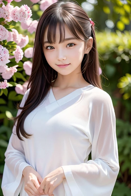 highest quality, realistic, 8K, High resolution, full color, 1 female, 15 years old female, (pupil, light in the eyes), detailed beautiful face,Beautiful skin,Fair skin,looking at the viewer:1.8, (1 female eyes looking at the viewer:1.55), bright kimono, smile, Upper body, white tight knit clothes