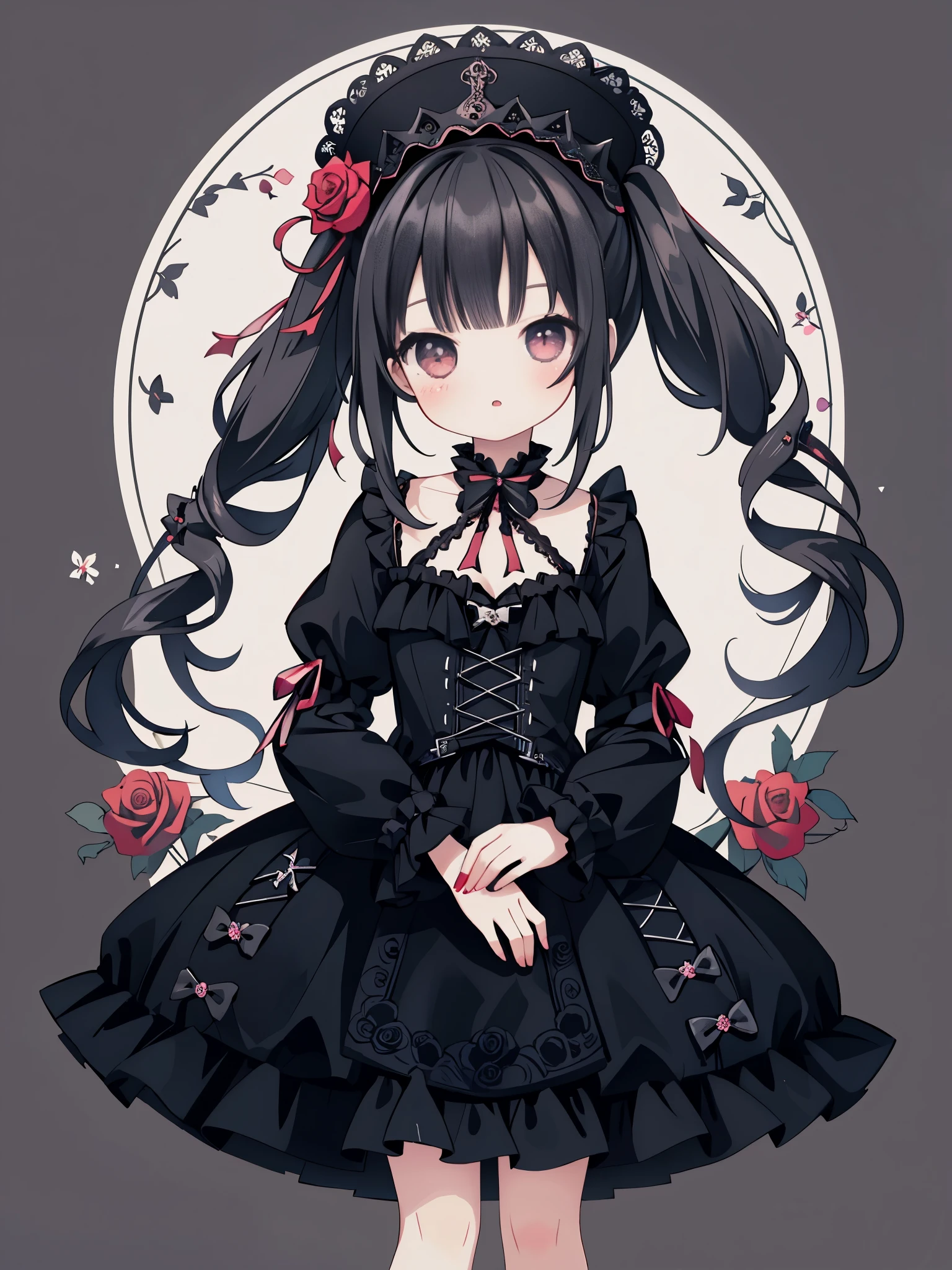 digital art, masterpiece, 最high quality, super detailed, high quality, 4K, cute girl, gothic lolita, rose, Black cat, 